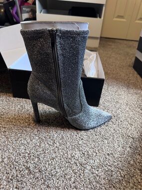 Nine West Silver Glitter Pointed-Toe Stiletto Boots
